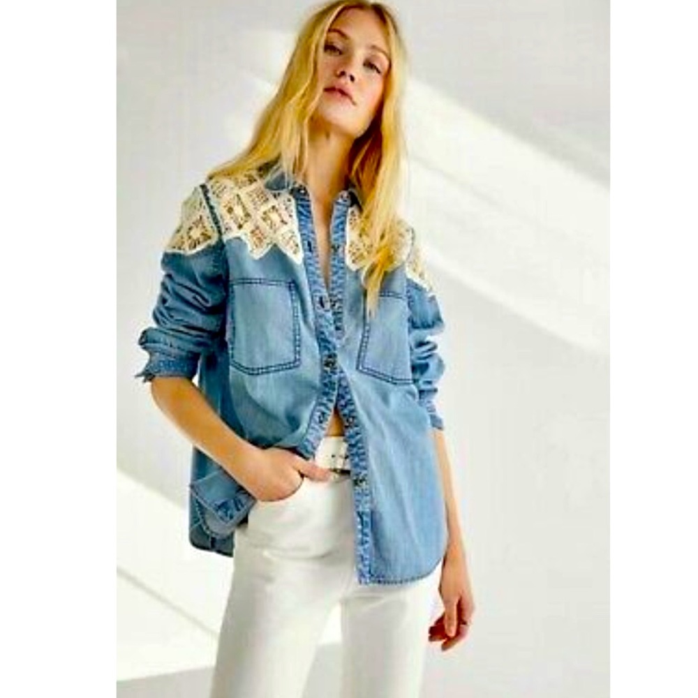 Free People Denim Fields Button-down Crochet Lace Relaxed Knit
